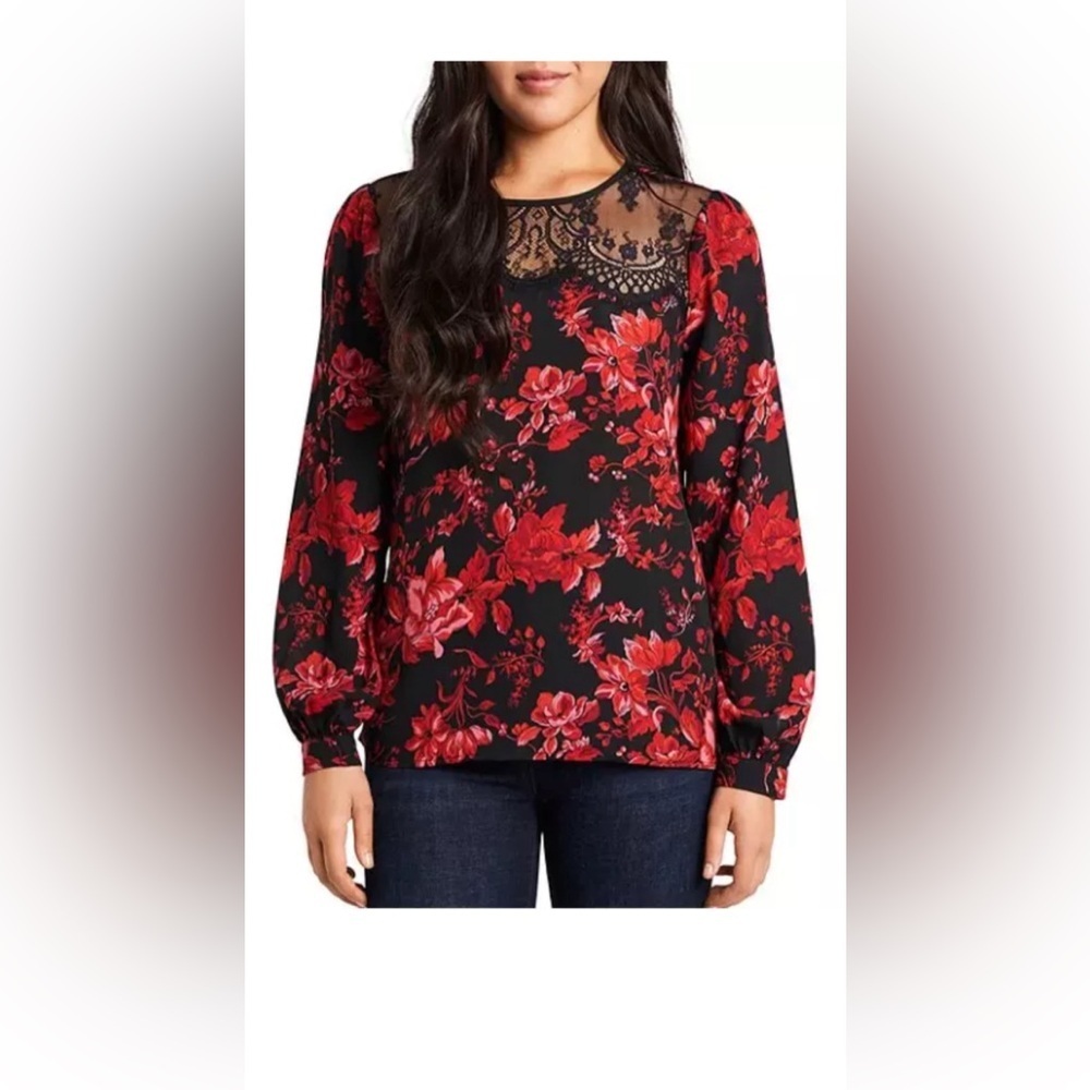 Vince Camuto Red Victorian Bloom Lace Yoke Blouse Size Medium